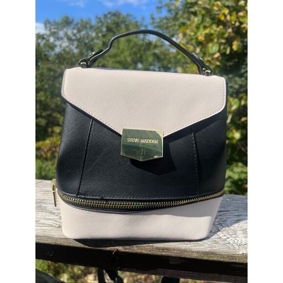 Steve Madden Backpack With Top Handle Purse Faux Leather Black Cream - Picture 1 of 8